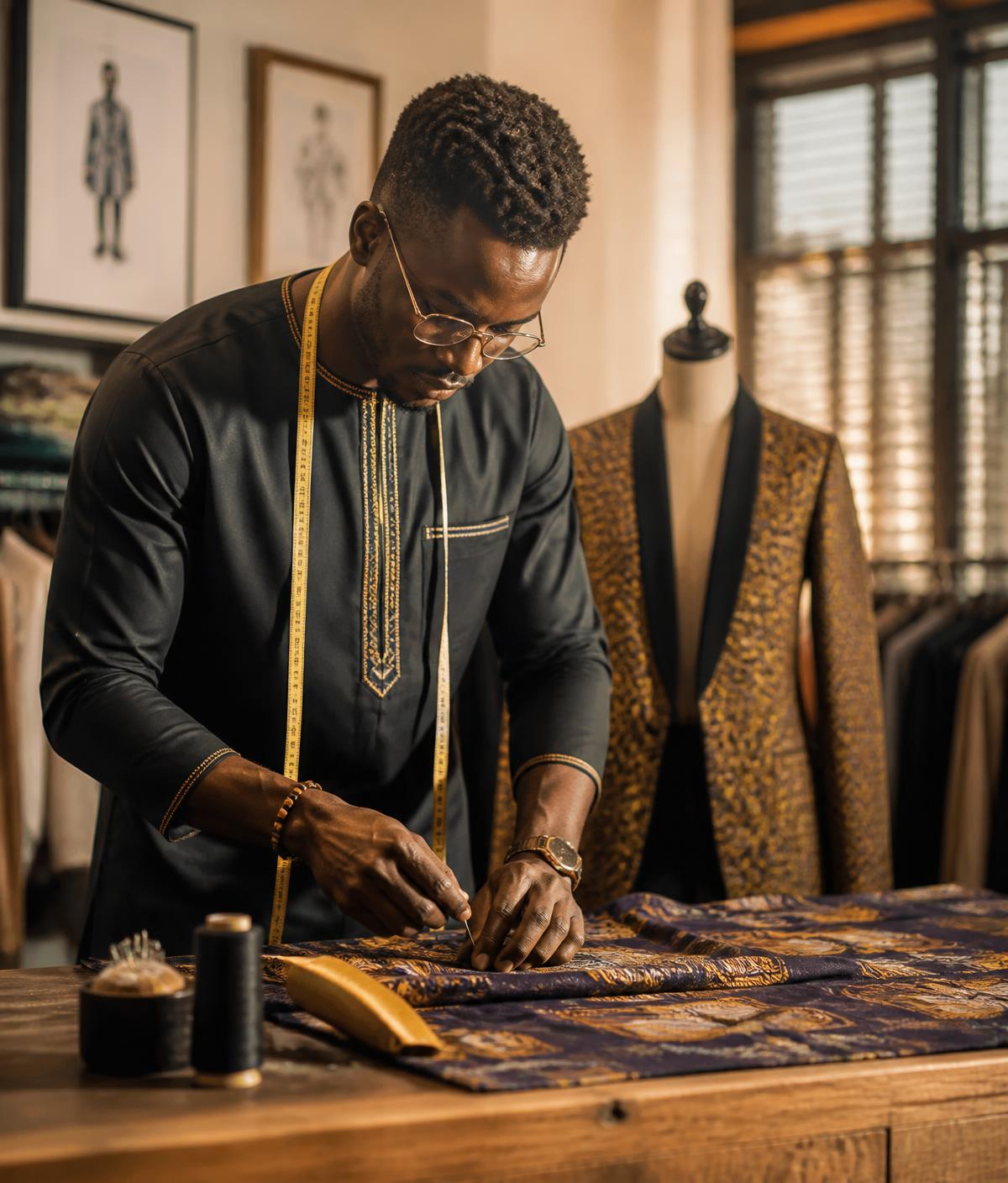 Designer tailoring a custom African garment in a Kenyan workshop